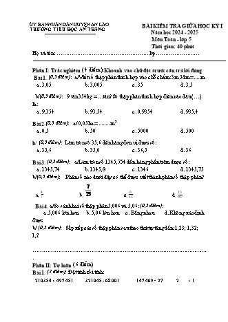 Đề kiểm tra giữa học kì I môn Toán 5 - Trường TH An Thắng, Huyện An Lão (Năm học 2024-2025)(Có đáp án)
