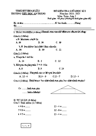 Đề kiểm tra giữa học kì I môn Toán Lớp 2 - Trường TH An Thắng, Huyện An Lão (Năm học 2024-2025)