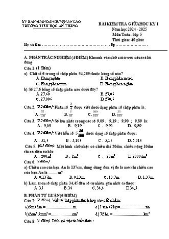 Đề kiểm tra giữa học kì I môn Toán Lớp 5 - Trường TH An Thắng, Huyện An Lão (Năm học 2024-2025)