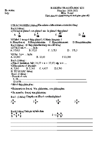 Đề kiểm tra giữa học kì I môn Toán, Tiếng Việt 5 - Trường TH Trần Tất Văn, Huyện An Lão - Năm học 2020-2021