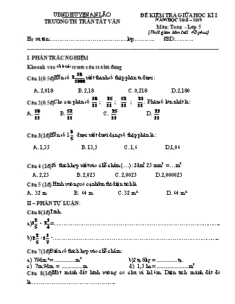 Đề kiểm tra giữa học kì I môn Toán, Tiếng Việt 5 - Trường TH Trần Tất Văn, Huyện An Lão - Năm học 2018-2019