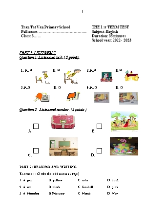 Đề kiểm tra học kì I môn Tiếng Anh 3 - Trường TH Trần Tất Văn, Huyện An Lão - Năm học 2022-2023 (Ma trận)