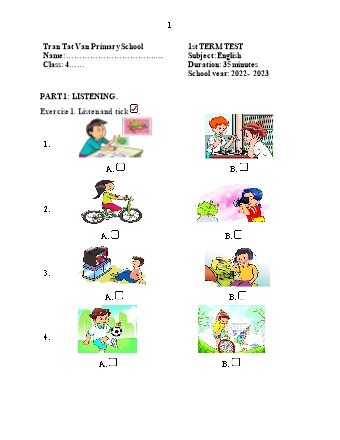 Đề kiểm tra học kì I môn Tiếng Anh 4 - Trường TH Trần Tất Văn, Huyện An Lão - Năm học 2022-2023 (Ma trận)