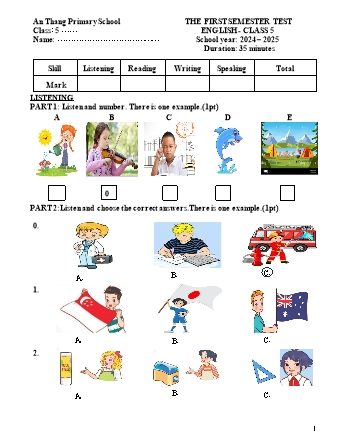 Đề kiểm tra học kì I môn Tiếng Anh 5 - Trường TH An Thắng, Huyện An Lão (Năm học 2024-2025)(Ma trận + Đáp án & Biểu điểm)