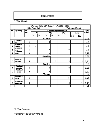 Đề kiểm tra học kì II môn Tiếng Anh 4 - Năm học 2018-2019 (Đề 1 - Ma trận)