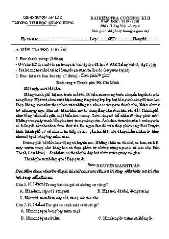 Đề kiểm tra học kì II môn Tiếng Việt 4 - Trường TH Quang Hưng, Huyện An Lão (Năm học 2019-2020)(Ma trận + Hướng dẫn chấm)