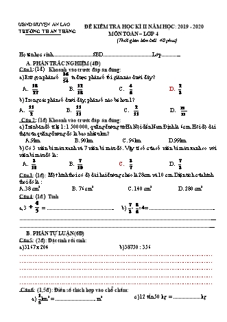 Đề kiểm tra học kì II môn Toán 4 - Trường TH An Thắng, Huyện An Lão (Năm học 2019-2020)(Hướng dẫn chấm)