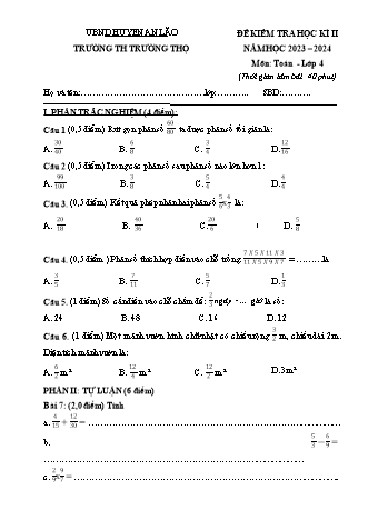 Đề kiểm tra học kì II môn Toán 4 - Trường TH Trường Thọ - Năm học 2023-2024 (Có đáp án)