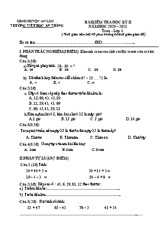 Đề kiểm tra học kì II môn Toán, Tiếng Việt 1+2 - Trường TH An Thắng, Huyện An Lão (Năm học 2020-2021)(Hướng dẫn chấm)