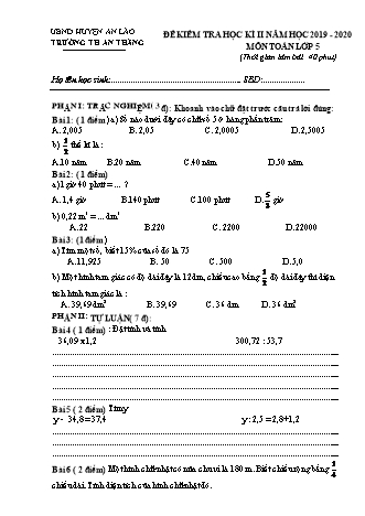 Đề kiểm tra học kì II môn Toán, Tiếng Việt 5 - Trường TH An Thắng, Huyện An Lão (Năm học 2019-2020)(Hướng dẫn chấm)