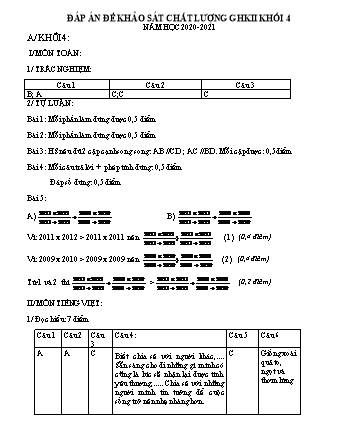 Đề KSCL giữa học kì II môn Toán 4+5 - Năm học 2020-2021 (Đáp án)
