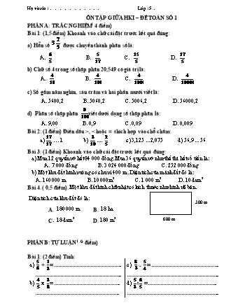 Đề ôn tập giữa học kì I môn Toán 5 - Đề số 1 (Có đáp án)