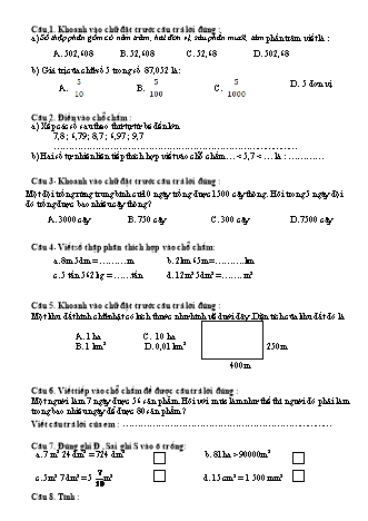Đề ôn tập giữa học kì I môn Toán 5 - Đề số 2 (Có đáp án)
