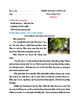 Phiếu bài tập cuối tuần môn Tiếng Việt 5 (Kết nối tri thức) - Tuần 8 (Có đáp án)