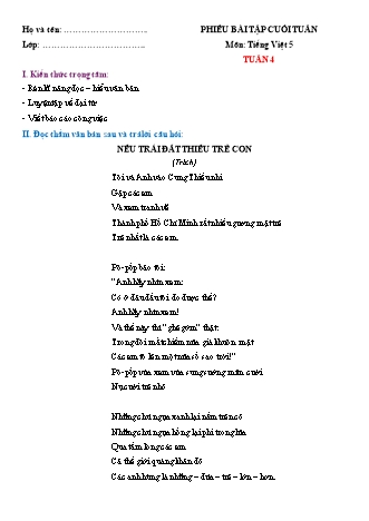 Phiếu bài tập cuối tuần môn Tiếng Việt 5 (Kết nối tri thức) - Tuần 4 (Có đáp án)(Nguyễn Thị An)
