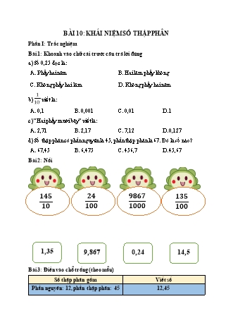 Phiếu bài tập học kì I môn Toán 5 (Kết nối tri thức) - Bài 10: Khái niệm số thập phân
