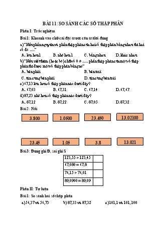 Phiếu bài tập học kì I môn Toán 5 (Kết nối tri thức) - Bài 11: So sánh các số thập phân