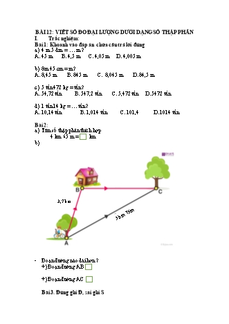 Phiếu bài tập học kì I môn Toán 5 (Kết nối tri thức) - Bài 12: Viết số đo đại lượng dưới dạng số thập phân