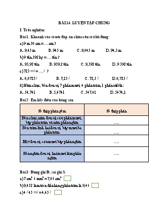 Phiếu bài tập học kì I môn Toán 5 (Kết nối tri thức) - Bài 14: Luyện tập chung