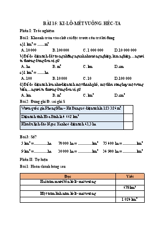 Phiếu bài tập học kì I môn Toán 5 (Kết nối tri thức) - Bài 15: Ki-lô-mét vuông. Héc-ta