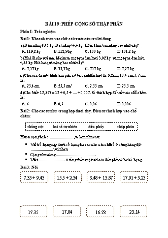 Phiếu bài tập học kì I môn Toán 5 (Kết nối tri thức) - Bài 19: Phép cộng số thập phân