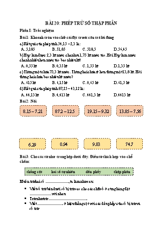 Phiếu bài tập học kì I môn Toán 5 (Kết nối tri thức) - Bài 20: Phép trừ số thập phân
