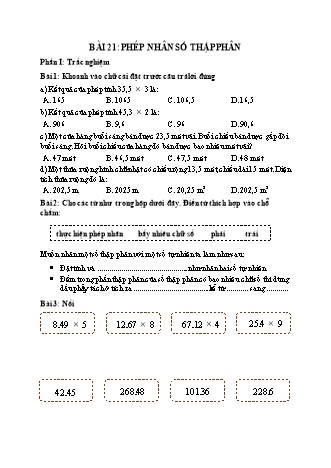 Phiếu bài tập học kì I môn Toán 5 (Kết nối tri thức) - Bài 21: Phép nhân số thập phân