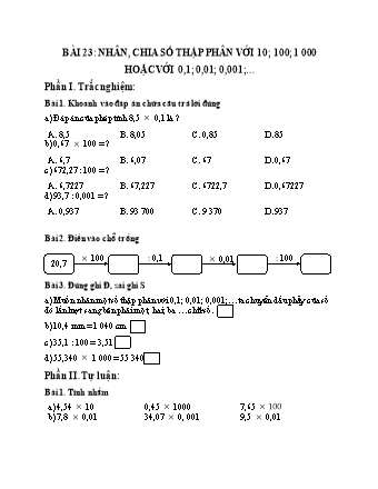 Phiếu bài tập học kì I môn Toán 5 (Kết nối tri thức) - Bài 23: Nhân, chia số thập phân với 10; 100; 1000 hoặc với 0,1; 0,01; 0,001; ..