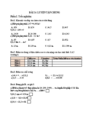 Phiếu bài tập học kì I môn Toán 5 (Kết nối tri thức) - Bài 24: Luyện tập chung