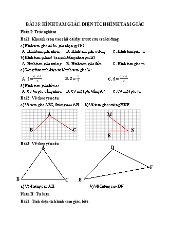 Phiếu bài tập học kì I môn Toán 5 (Kết nối tri thức) - Bài 25: Hình tam giác. Diện tích hình tam giác