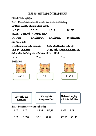 Phiếu bài tập học kì I môn Toán 5 (Kết nối tri thức) - Bài 30: Ôn tập số thập phân
