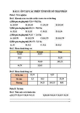 Phiếu bài tập học kì I môn Toán 5 (Kết nối tri thức) - Bài 31: Ôn tập các phép tính với số thập phân