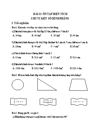 Phiếu bài tập học kì I môn Toán 5 (Kết nối tri thức) - Bài 33: Ôn tập diện tích, chu vi một số hình phẳng