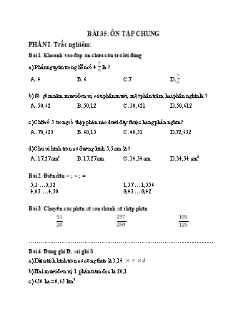 Phiếu bài tập học kì I môn Toán 5 (Kết nối tri thức) - Bài 35: Ôn tập chung
