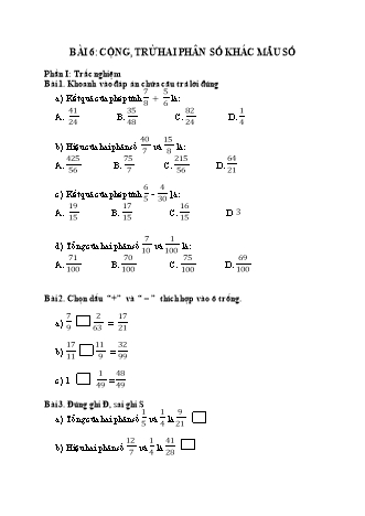 Phiếu bài tập học kì I môn Toán 5 (Kết nối tri thức) - Bài 6: Cộng, trừ hai phân số khác mẫu số