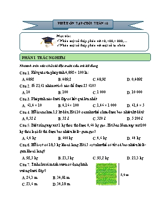 Phiếu bài tập ôn tập cuối tuần môn Toán 5 - Tuần 10 (Có đáp án)