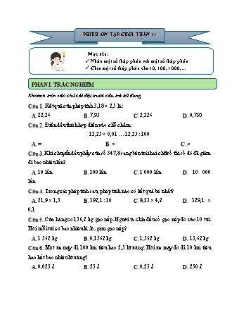 Phiếu bài tập ôn tập cuối tuần môn Toán 5 - Tuần 11 (Có đáp án)