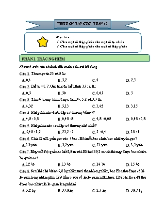 Phiếu bài tập ôn tập cuối tuần môn Toán 5 - Tuần 12 (Có đáp án)