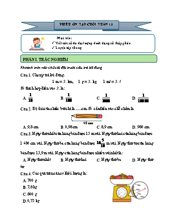 Phiếu bài tập ôn tập cuối tuần môn Toán 5 - Tuần 13 (Có đáp án)