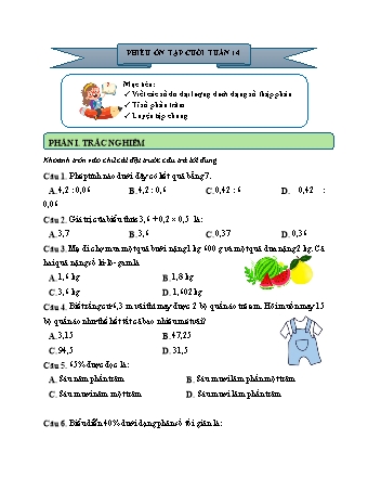 Phiếu bài tập ôn tập cuối tuần môn Toán 5 - Tuần 14 (Có đáp án)