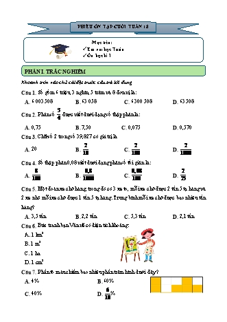 Phiếu bài tập ôn tập cuối tuần môn Toán 5 - Tuần 18 (Có đáp án)