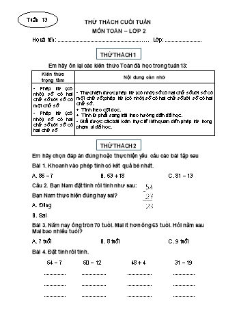 Phiếu bài tập thử thách cuối tuần môn Toán 2 - Tuần 13