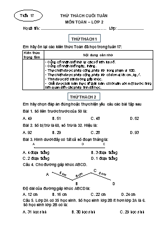Phiếu bài tập thử thách cuối tuần môn Toán 2 - Tuần 17