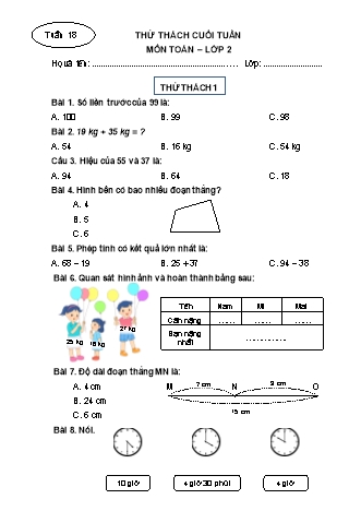 Phiếu bài tập thử thách cuối tuần môn Toán 2 - Tuần 18