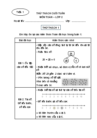 Phiếu bài tập thử thách cuối tuần môn Toán 2 - Tuần 1