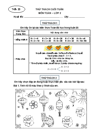 Phiếu bài tập thử thách cuối tuần môn Toán 2 - Tuần 20