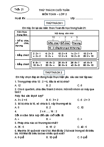 Phiếu bài tập thử thách cuối tuần môn Toán 2 - Tuần 21