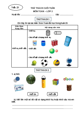 Phiếu bài tập thử thách cuối tuần môn Toán 2 - Tuần 23
