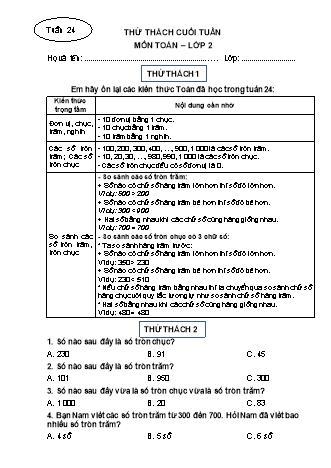 Phiếu bài tập thử thách cuối tuần môn Toán 2 - Tuần 24