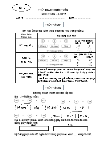 Phiếu bài tập thử thách cuối tuần môn Toán 2 - Tuần 2